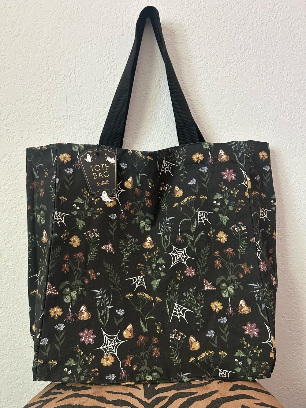 NEW Hallowed Hauntings Floral Spiderweb Moth 100% Cotton Canvas Black Tote Bag